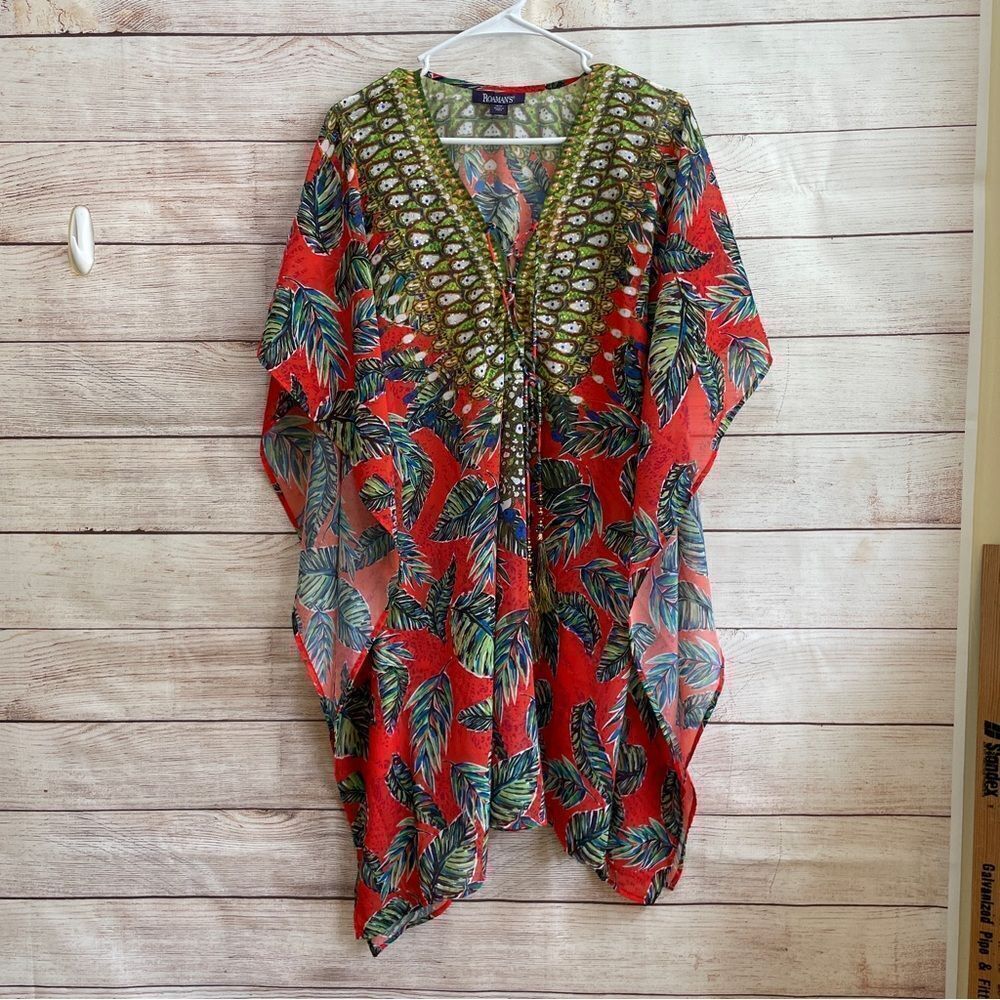 ROAMAN’S PEACOCK‎ FEATHER PRINT KIMONO TOP